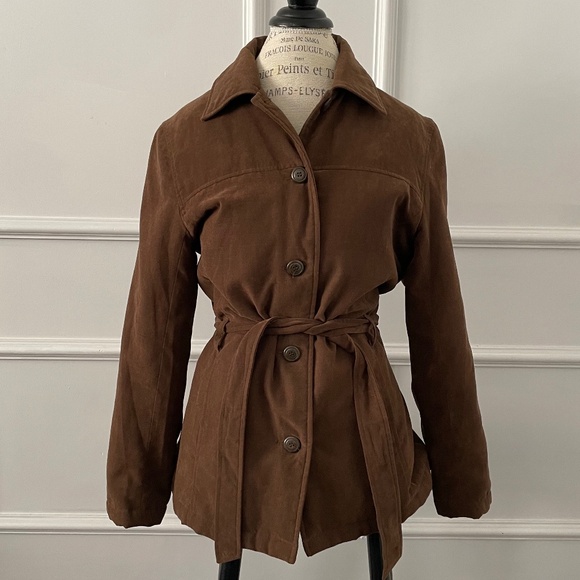 Vintage Brown belted collared button front tie waist coat jacket